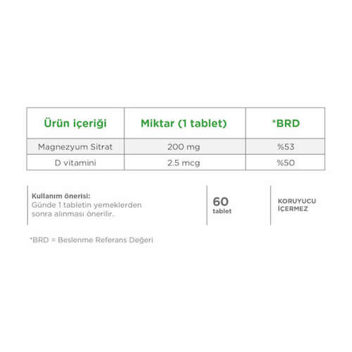 Eczacıbaşı Dynavit Magnesium Citrate 200 mg- Vitamin D Takviye Edici Gıda 60 Tablet - Dynavit
