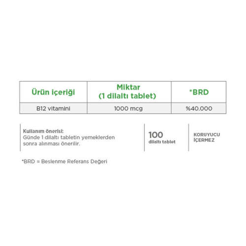 Eczacıbaşı Dynavit Vitamin B12 1000 mcg Takviye Edici Gıda 100 Tablet - Dynavit