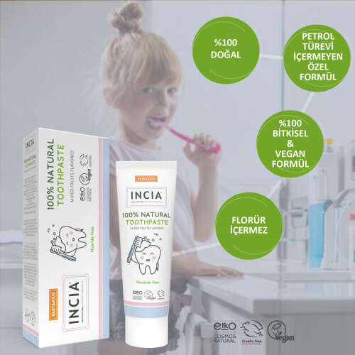 Incia Doğal Diş Macunu Bebek ve Çocuk Karışık Meyve Aromalı Florürsüz 50 ml - 6