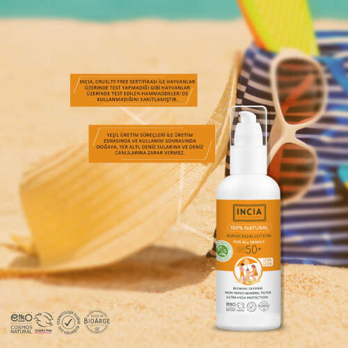 INCIA Doğal Tüm Aile için Güneş Losyonu Spf50+ 100 ml - INCIA