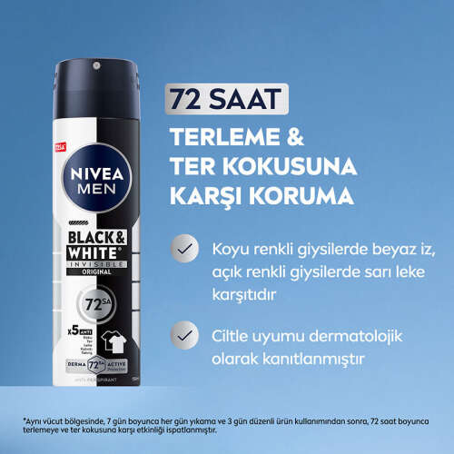 Nivea MEN Erkek Sprey Deodorant Black White Invisible Original 150 ml - 72 Saat Anti-Perspirant Ter Koruma - 3