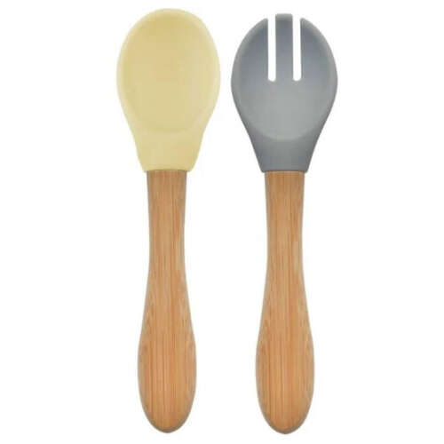 OiOi Bambu Saplı Silikon Kaşık ve Çatal 9 Ay + Mellow Yellow / Powder Grey - OiOi
