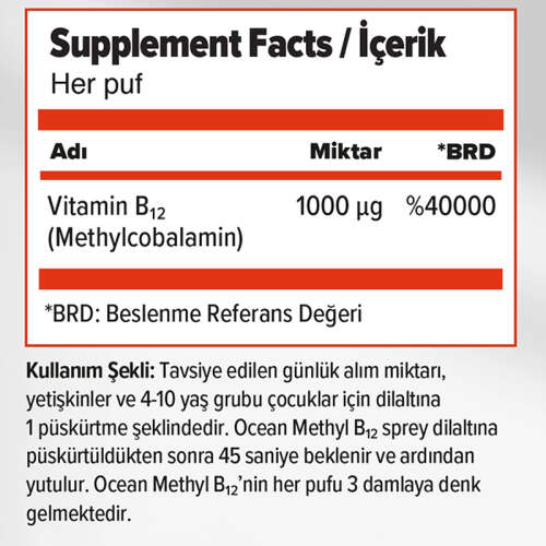 Orzax Ocean 1000 mg Methyl Cobalamin B12 Sprey 5 ml - 2