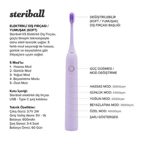 Steriball Elektrikli Diş Fırçası - Lila - 3