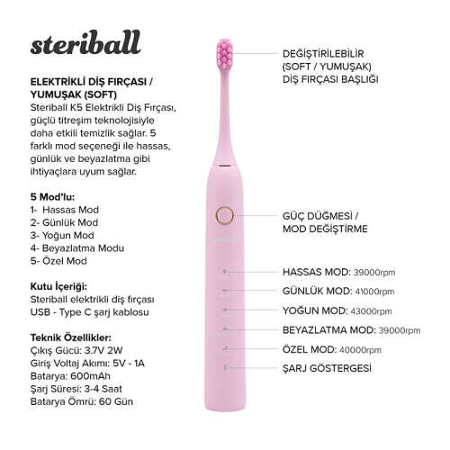 Steriball Elektrikli Diş Fırçası - Pembe - 3