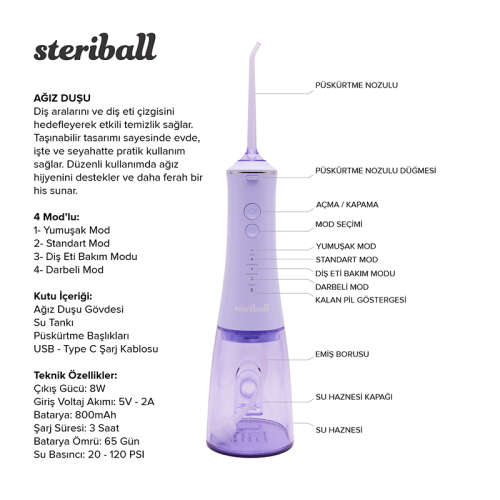 Steriball Taşınabilir Ağız Duşu - Lila - 3