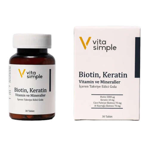 Vita Simple Biotin,Keratin,Vitamin ve Mineraller İçeren Takviye Edici Gıda 30 Tablet - Vita Simple