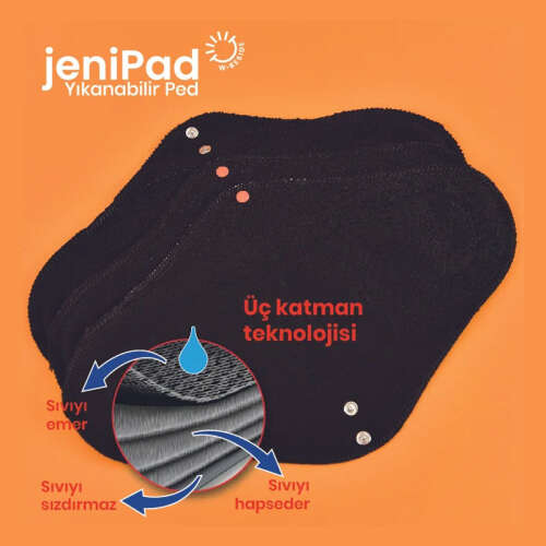 W-Beside JeniPad Yıkanabilir Kadın Pedi Pamuklu Sızdırmaz Normal Ultra Emici Siyah 3 Adet - 2